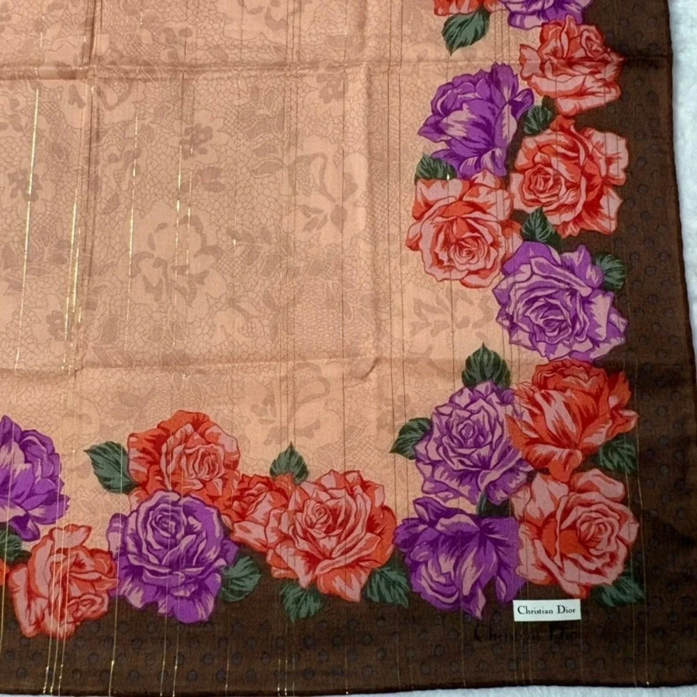 Vtg CHRISTIAN DIOR Scarf Handkerchief Floral Rose Brown Pink Purple 20.5